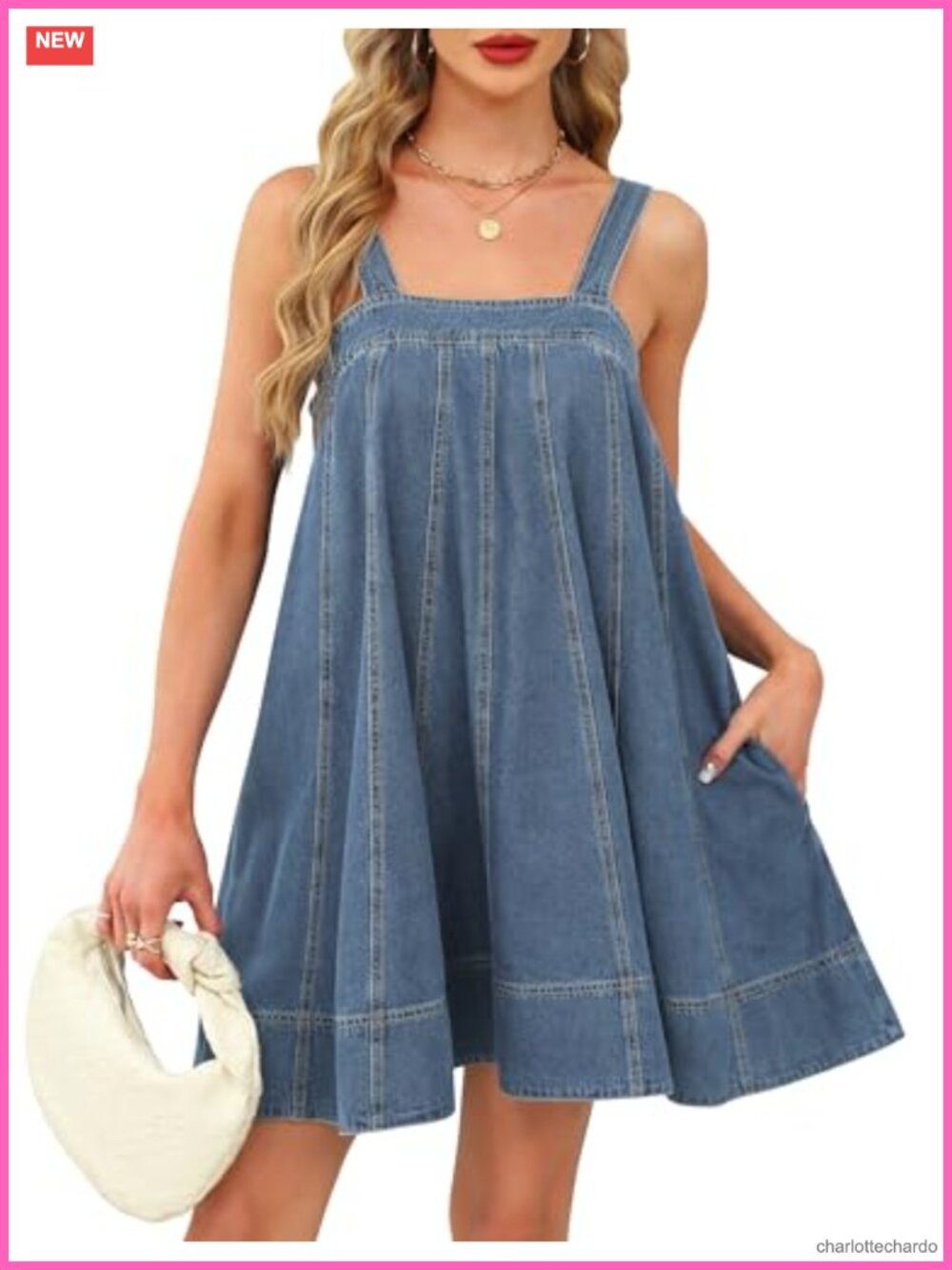 Women's Sleeveless Tie Shoulder Denim Jean Dress with Pockets, Ruffle Hem Mini
